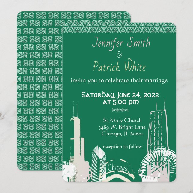 Chicago Skyline Emerald lace élégante Invitation (Devant / Derrière)