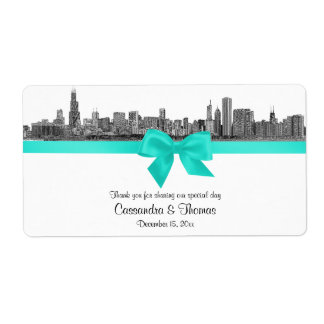 Chicago Skyline Etched BW Aqua Wine Étiquette H