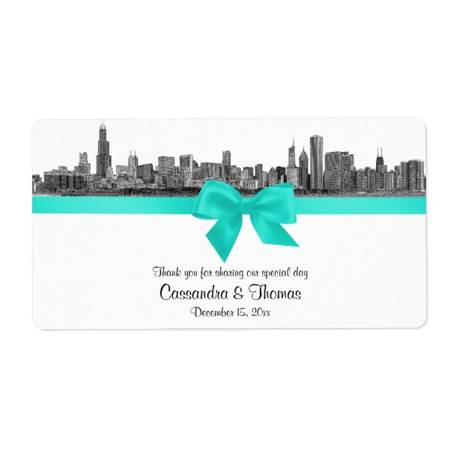 Chicago Skyline Etched BW Aqua Wine Étiquette H (Devant)
