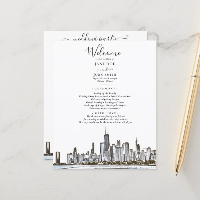 Chicago Skyline Wedding Programme (Devant/Arrière en situation)