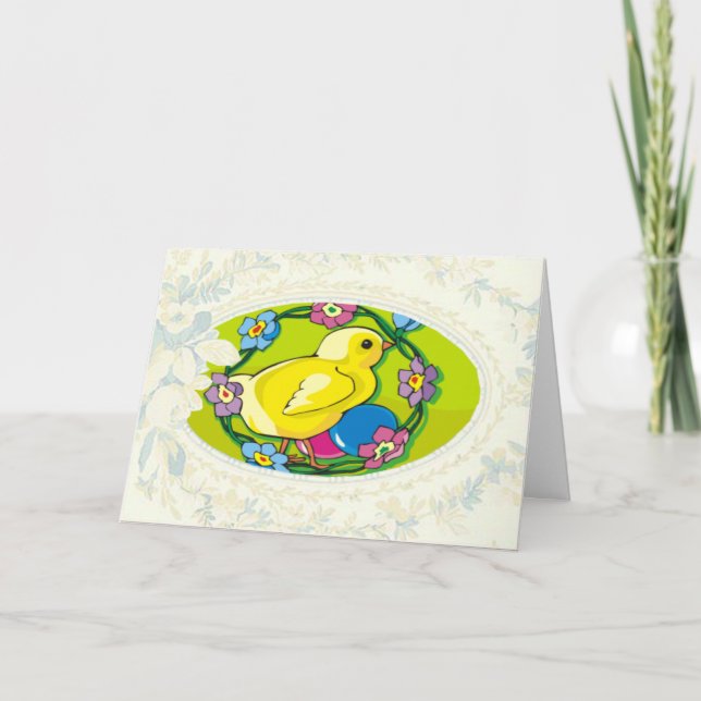 Chick En Cercle De Fleurs Carte Pâques (Devant)