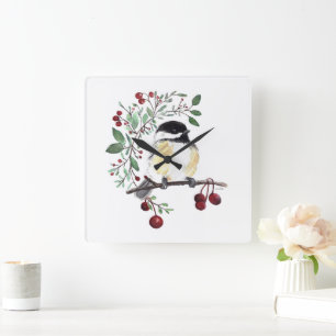 Chickadee Aquarelle Oiseau Art Carré Horloge mural