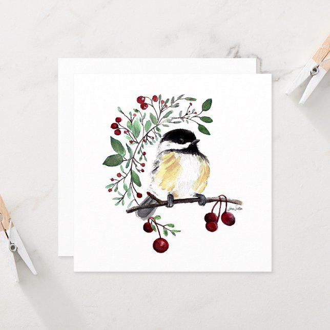 Chickadee Cute Bird Aquarelle (Cute Chickadee Watercolor With Greenery by Jenn Steffen Art)