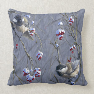 Chickadees et coussin réversible d'accent de