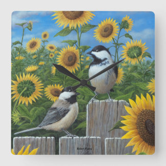 Chickadees et horloge murale de tournesols