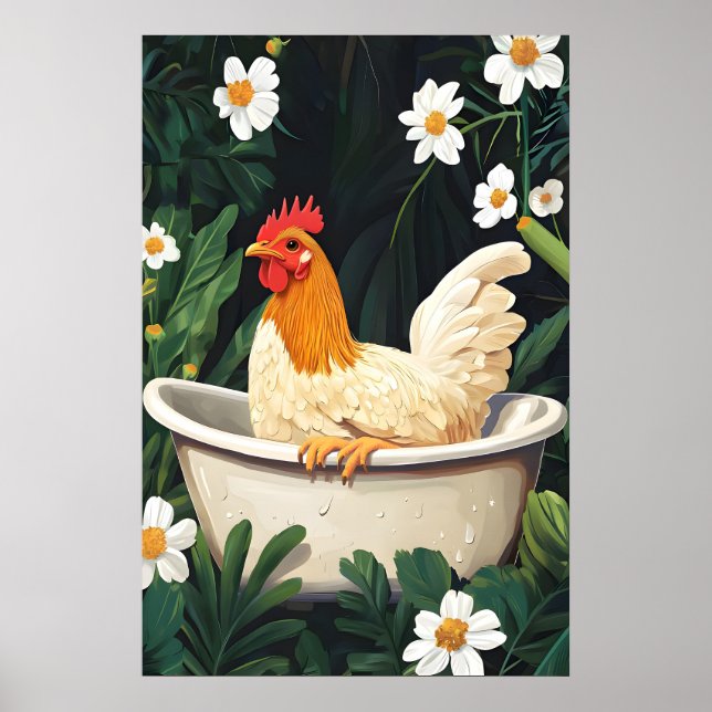 Chicken In Bathtub Poster, Funny Animal Poster (Devant)