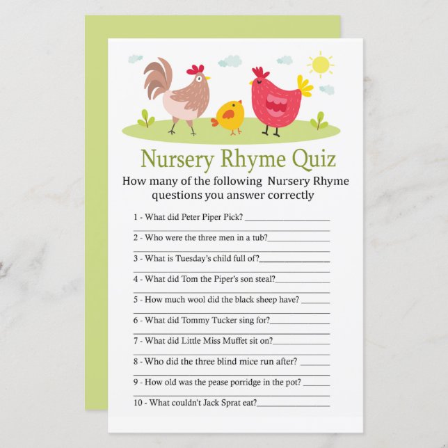 Chicken Nursery Rhyme Quiz baby shower (Devant / Derrière)