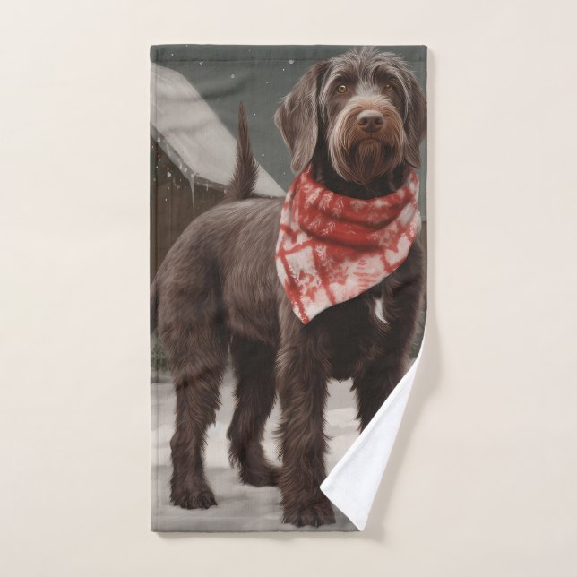 Chien à poil dur pointant dans Noël enneigé (Serviette à main)