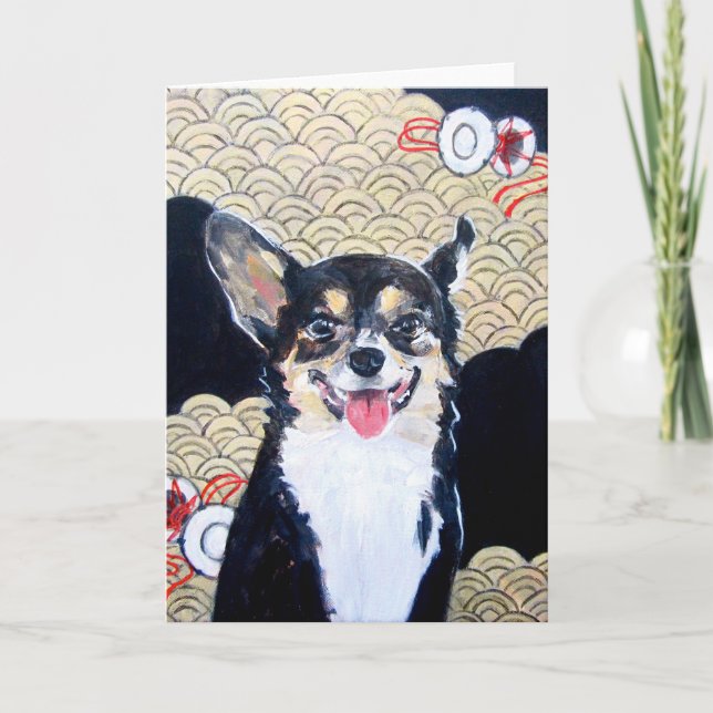 Chien avec la carte de voeux de kimono (Devant)
