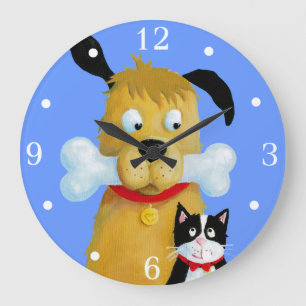 Chien avec l'os et le chat - horloge murale