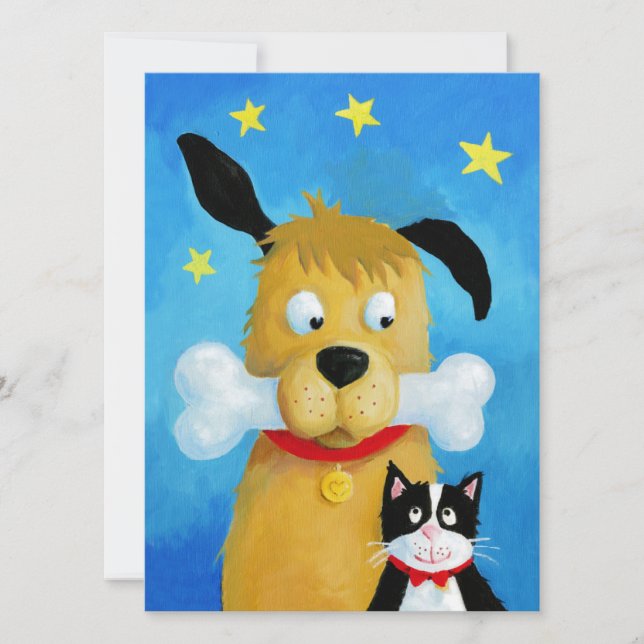 Chien avec os et chat - Carte de Noël amusante (Devant)