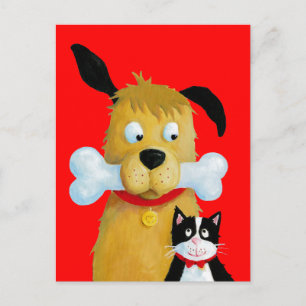 Chien avec os et chat - Carte postale amusante