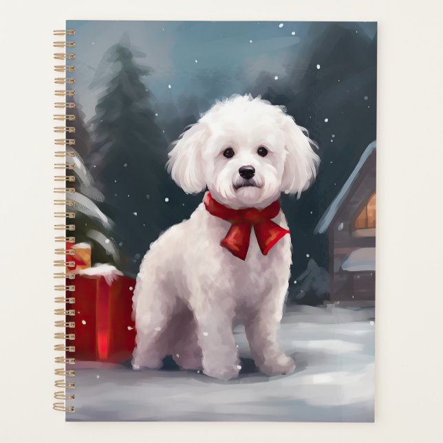 Chien Bichon Frise dans la neige de Noël (Devant)