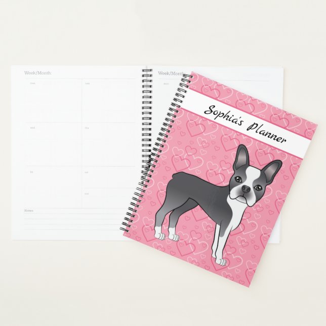 Chien Boston Terrier bleu sur cœurs roses et texte (Devant avec enveloppe)