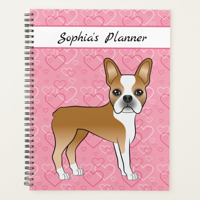 Chien Boston Terrier Fawn sur cœurs roses et texte (Devant)