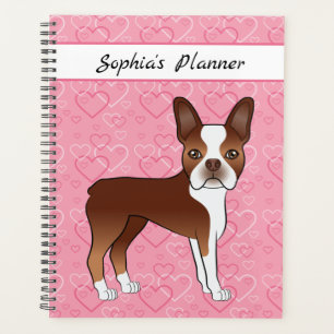 Chien Boston Terrier rouge sur cœurs roses et text
