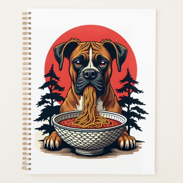 Chien Boxer Vintage Mangeant Ramen Coucher de Sole (Devant)