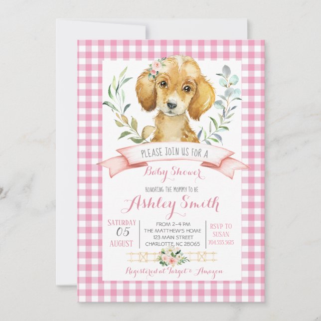 Chien chiot baby shower invitation fille rose (Devant)