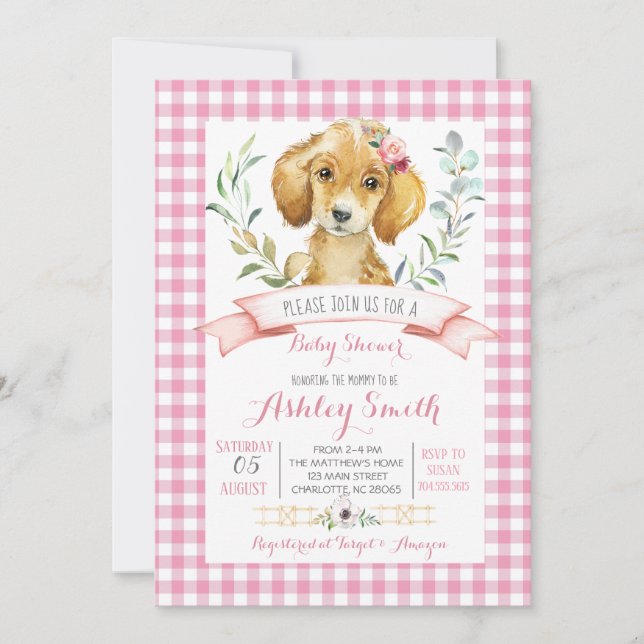 Chien chiot baby shower invitation fille rose (Devant)