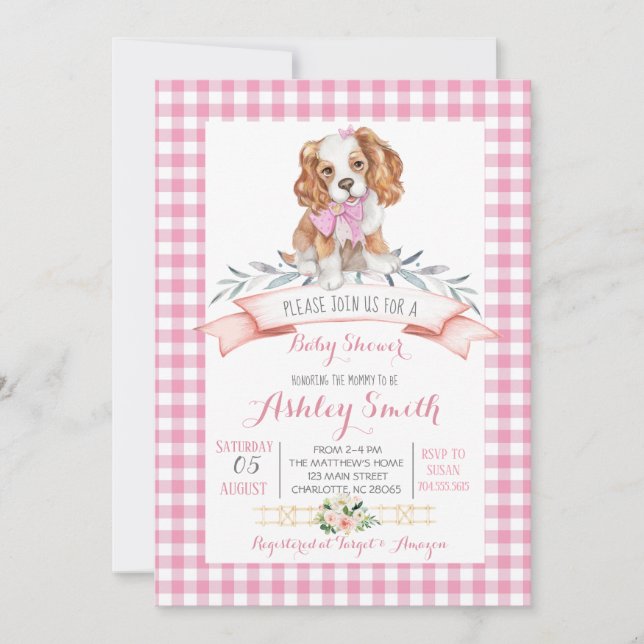 Chien chiot baby shower invitation fille rose (Devant)
