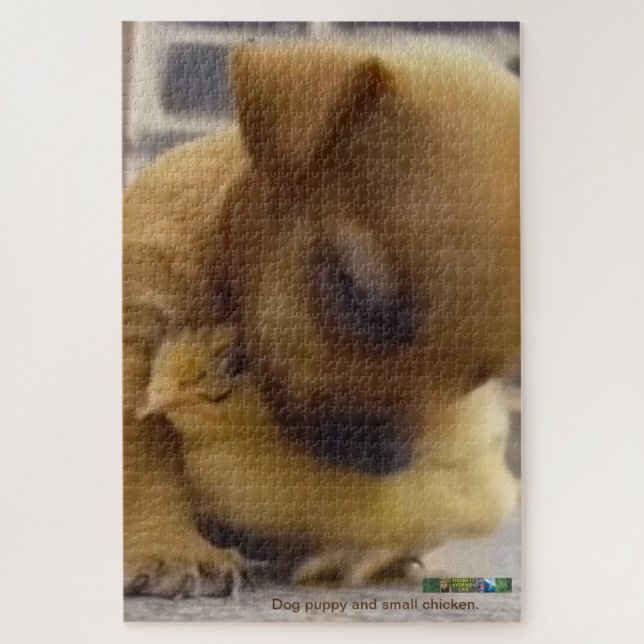 Chien chiot et petit puzzle de poulet. (Vertical)