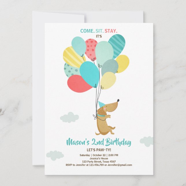 Chien chiot Invitation Anniversaire Ballons Garçon (Devant)