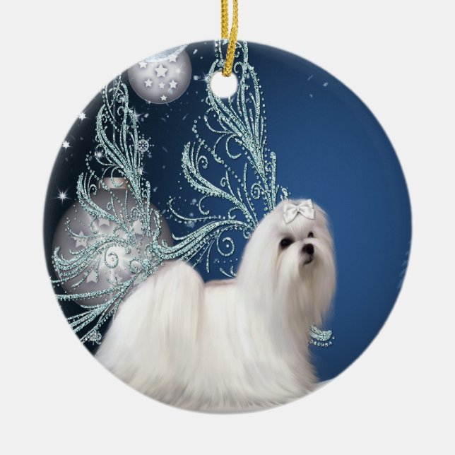Chien chiot maltais ornement de Noël bleu (Devant)