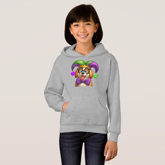 Chien chiot mignon Mardi Gras en casquette jester (Devant entier)