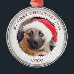 Chien chiot photo ornement de Noël<br><div class="desc">Élégant ornement "Mon premier Noël" avec la photo, le nom et l'année de votre nouveau chiot. Texte élégant en forme de rouge. Téléchargez simplement votre photo. Créez une photo de fermeture du visage de votre chiot. Remplacez cet exemple de photo par votre propre photo adorable. Cliquez sur Régler si vous...</div>
