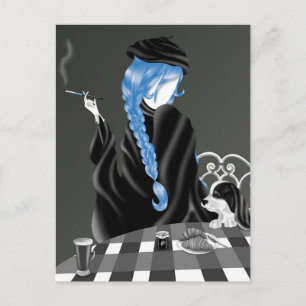 Chien & Dame au café Blue Hair Carte postale