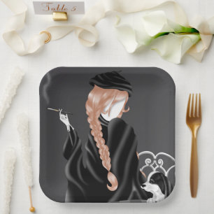 Chien & Dame au café Cheveux Bruns Assiette en Pap