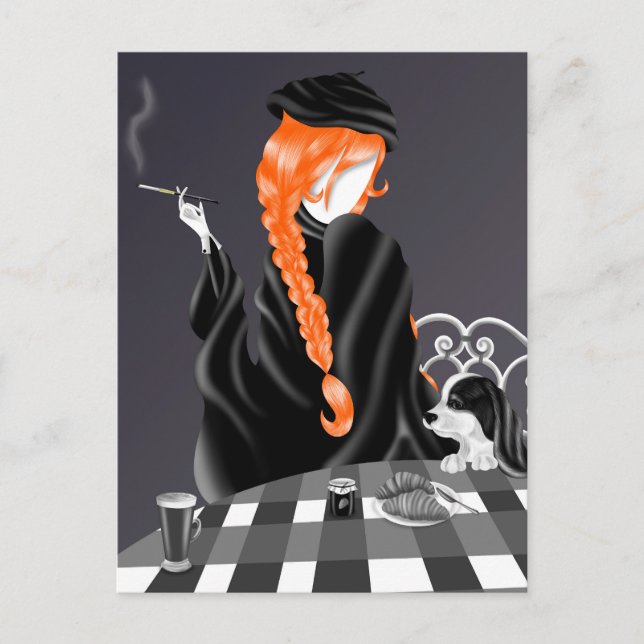 Chien & Dame au café Ginger Hair Carte postale (Devant)