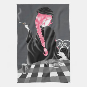 Chien & Dame au café Serviette Pink Hair Tea