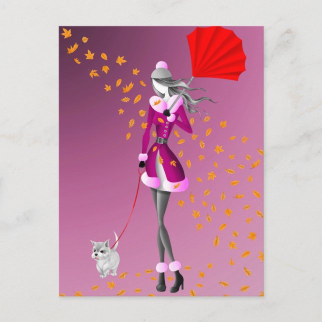 Chien & Dame Feuilles d'automne Carte postale rose (Devant)