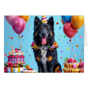 Chien d'anniversaire avec gâteau et ballons