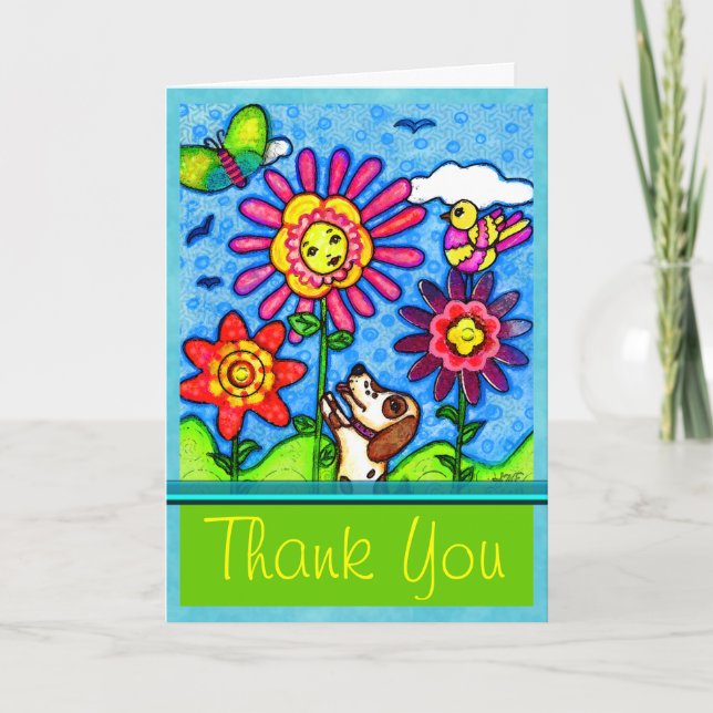 Chien Dans Les Fleurs Art Greeting Card / Merci (Devant)
