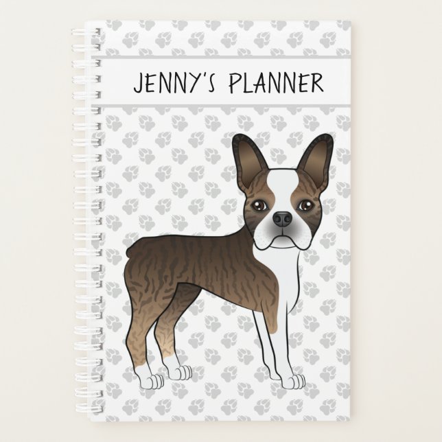 Chien de dessin animé Boston Terrier Bringé & Text (Devant)