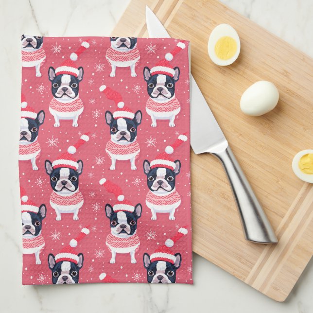 Chien de Noël Noir Français Serviette de cuisine (Quart Plié)