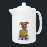 Chien de pitbull dans une illustration<br><div class="desc">C'est une peinture d'aquarelle d'un chien dans des bottes d'un imperméable jaune et de pluie. Il a un sourire énorme sur son visage.</div>