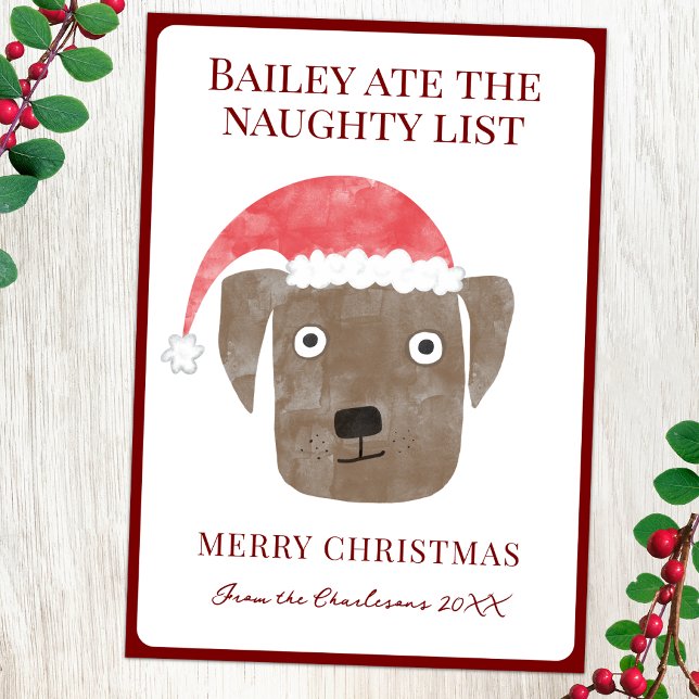 Chien drôle a mangé la carte de vacances de la lis (Fun dog ate the naughty list parsonalized Christmas holiday card)