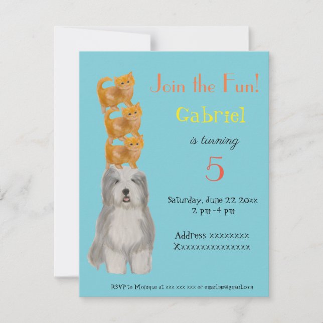Chien et Chatons, invitation à une fête d'annivers (Devant)