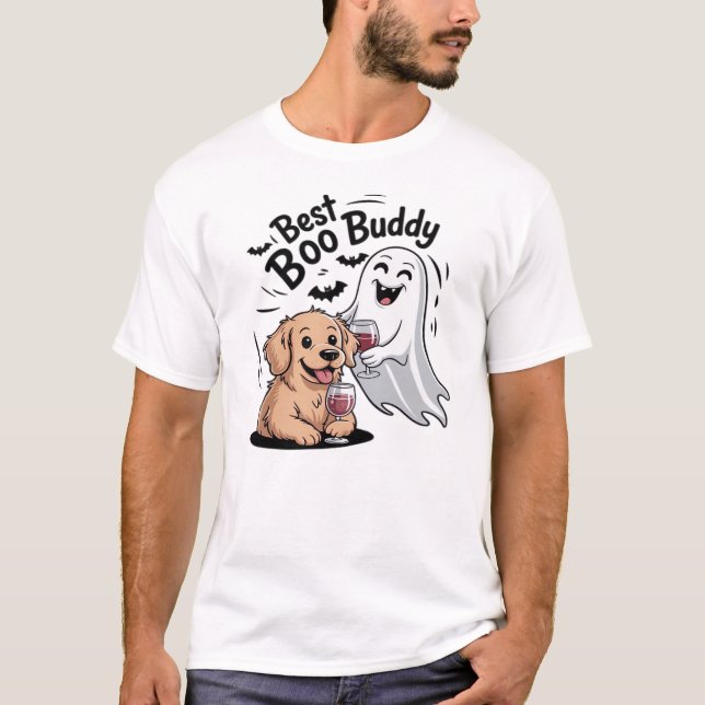 Chien et fantôme buvant du vin. T-Shirt classique (Devant)