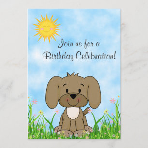 Chien et fleurs de chiot Invitation d'anniversaire