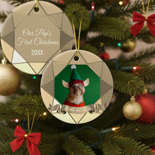Chien First Christmas Photo Ornement en céramique (Add your best friend's photo and name to this gold colored First Christmas Ornament)