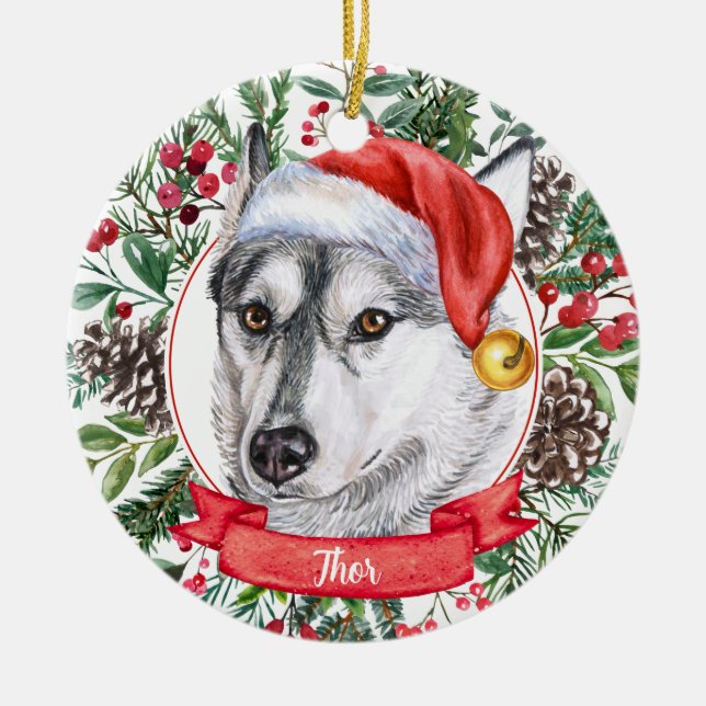Chien Husky Custom Santa Hat Ornement de Noël (Devant)