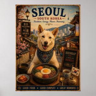 Chien Jindo à Séoul Affiche de voyage vintage