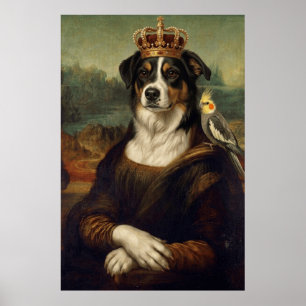 Chien Mona Lisa avec perroquet cockatiel Affiches