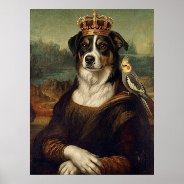 Chien Mona Lisa avec perroquet cockatiel Affiches  (Devant)