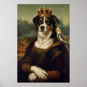 Chien Mona Lisa avec perroquet cockatiel Affiches