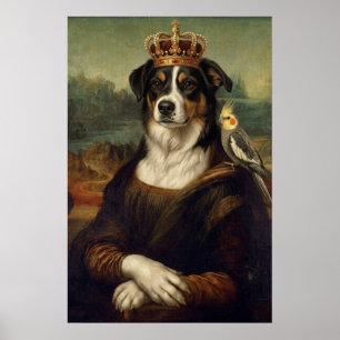 Chien Mona Lisa avec perroquet cockatiel Affiches